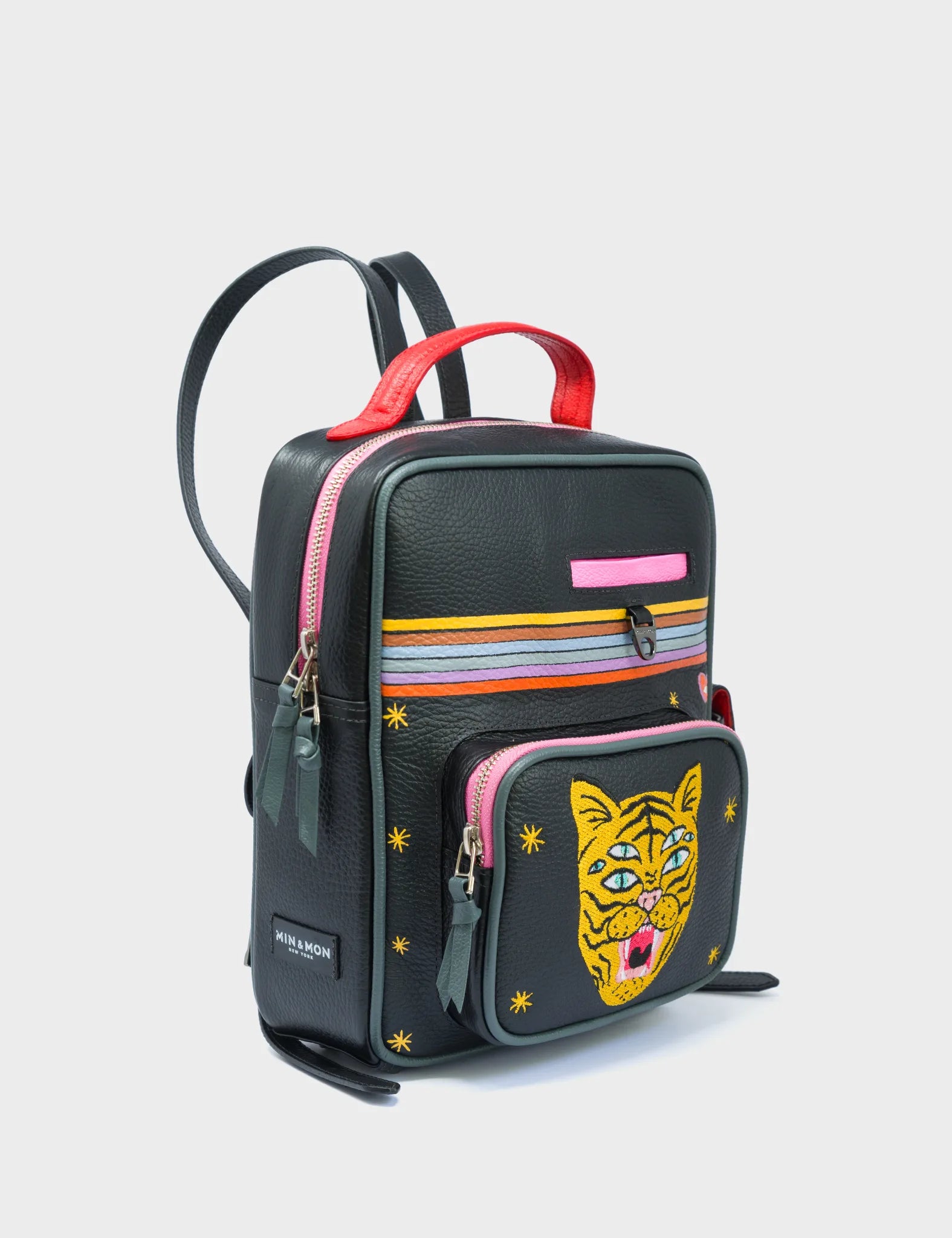 Ilan Black Leather Backpack - Happy Tiger Design