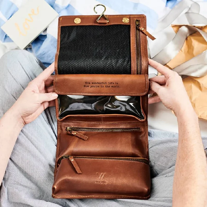 Leather Hanging Wash Bag With Secret Message