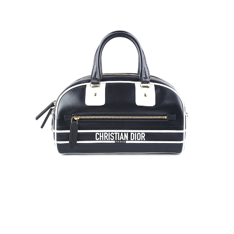 Handle bags with leather straps and canvas bodies for a chic, durable option-Dior Small Dior Vibe Zip Bowling Bag Black and White Smooth Calfskin