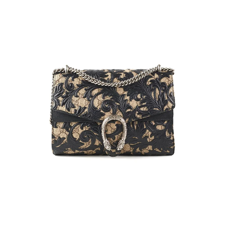 Handle bags with metallic finishes for a shiny, glamorous touch-Gucci Dionysus Arabesque GG Coated Canvas Medium