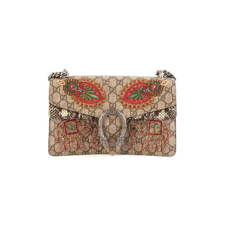 Stylish handle bags with clear PVC designs for a modern, transparent look-Gucci Dionysus Small Monogram Python with Embellished Elephant Patches