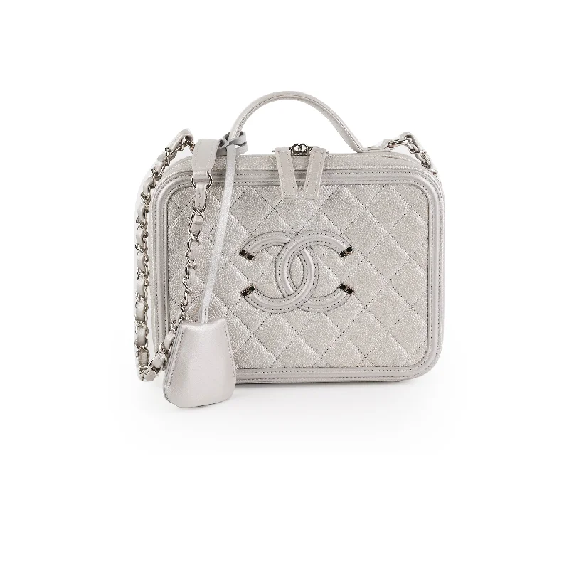 Handle bags with large front pockets for quick and easy access to essentials-Chanel Filigree Silver Caviar Medium Vanity