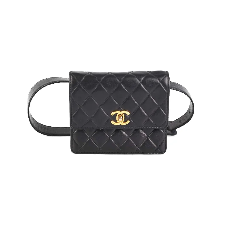 Handle bags with custom engravings for a personalized and meaningful gift-Chanel Vintage Square Mini Black Lambskin Belt Bag Size 70