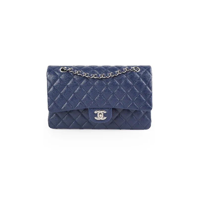 Handle bags with large front pockets for quick and easy access to essentials-Chanel Caviar M/L Classic Flap Navy