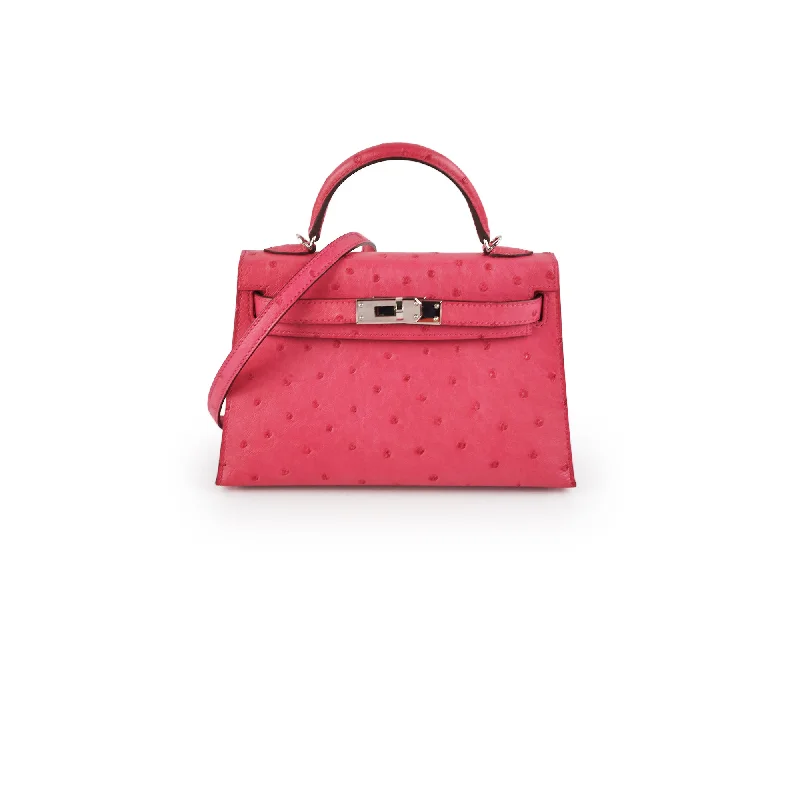 Handle bags with metallic finishes for a shiny, glamorous touch-Hermes Mini Kelly Ostrich Rose Tyrine - D Stamp