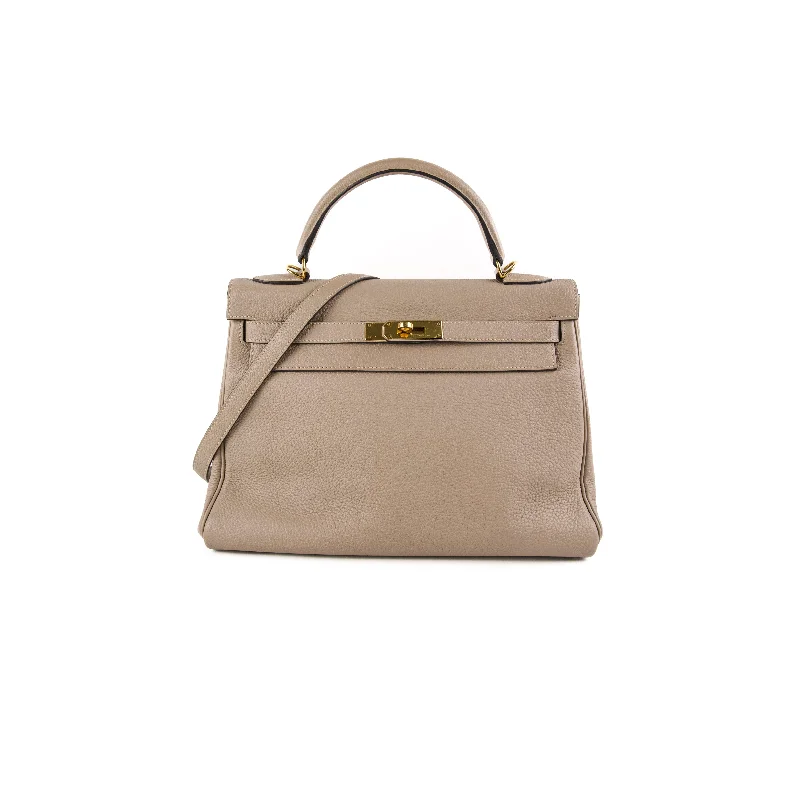 Handle bags with woven designs for a rustic and natural vibe-Hermes Kelly 32 Togo Gris Tourtelle - T Stamp 2015