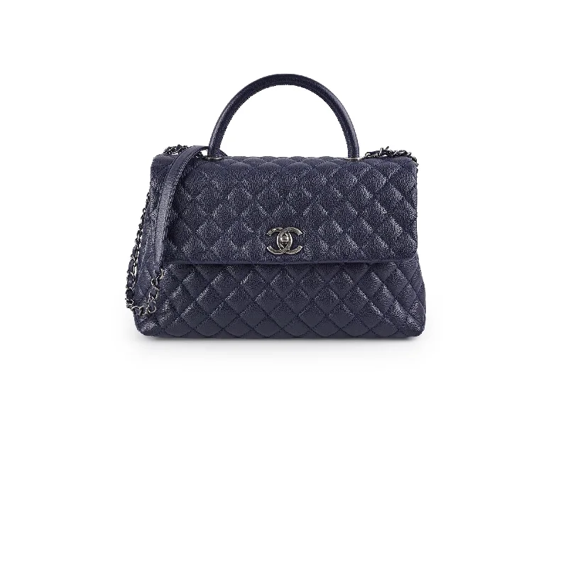 Handle bags with contrasting materials for a bold and unique fashion statement-Chanel Caviar Large Coco Handle Navy 21series