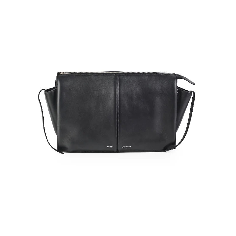 Handle bags with polished metal hardware for a sleek and sophisticated design-Celine TriFold Clutch On Chain Black Leather