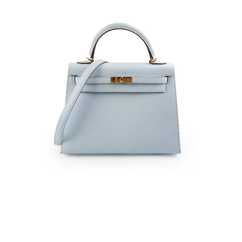 Best handle bags for travel with spacious compartments for easy packing-Hermes Kelly 25 Blue Brume GHW Epsom - Y Stamp