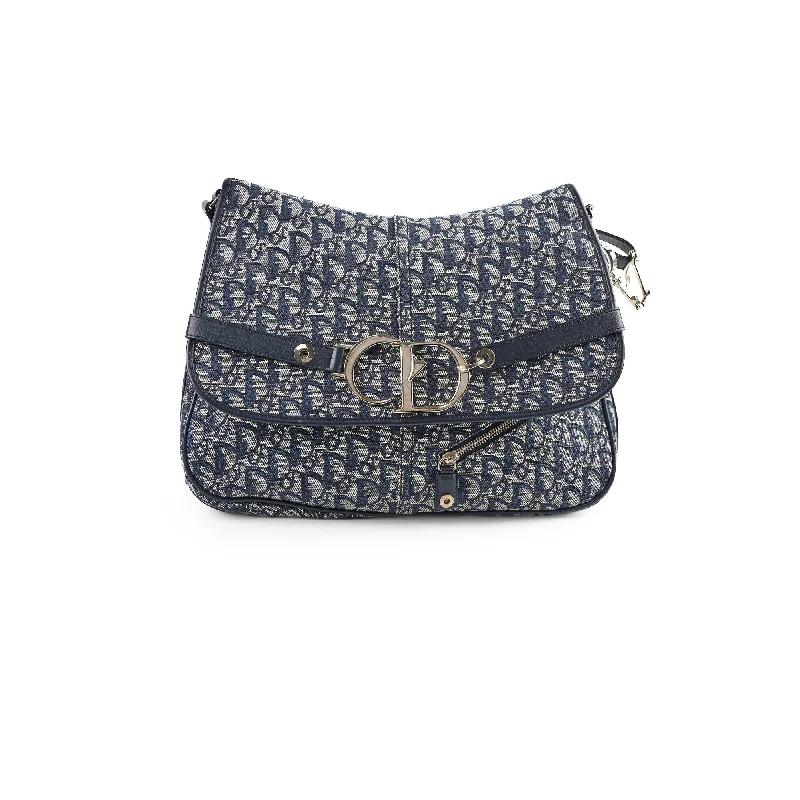 Durable handle bags with canvas fabric for a casual and versatile option-Christian Dior Canvas Vintage Navy Oblique Flap Side Carry 2004