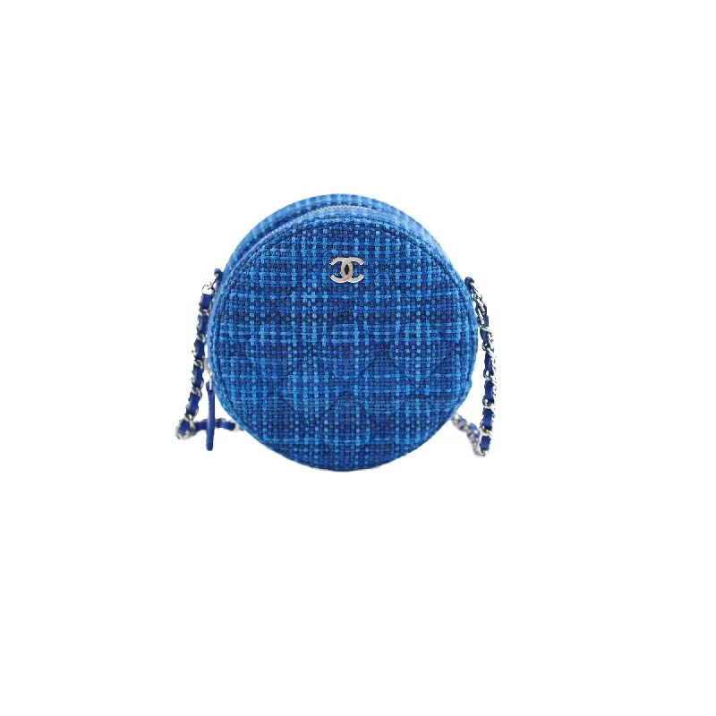 Stylish handle bags with button closures for an elegant, secure design-Chanel CC Tweed Mini Round Clutch with Chain Blue 2019