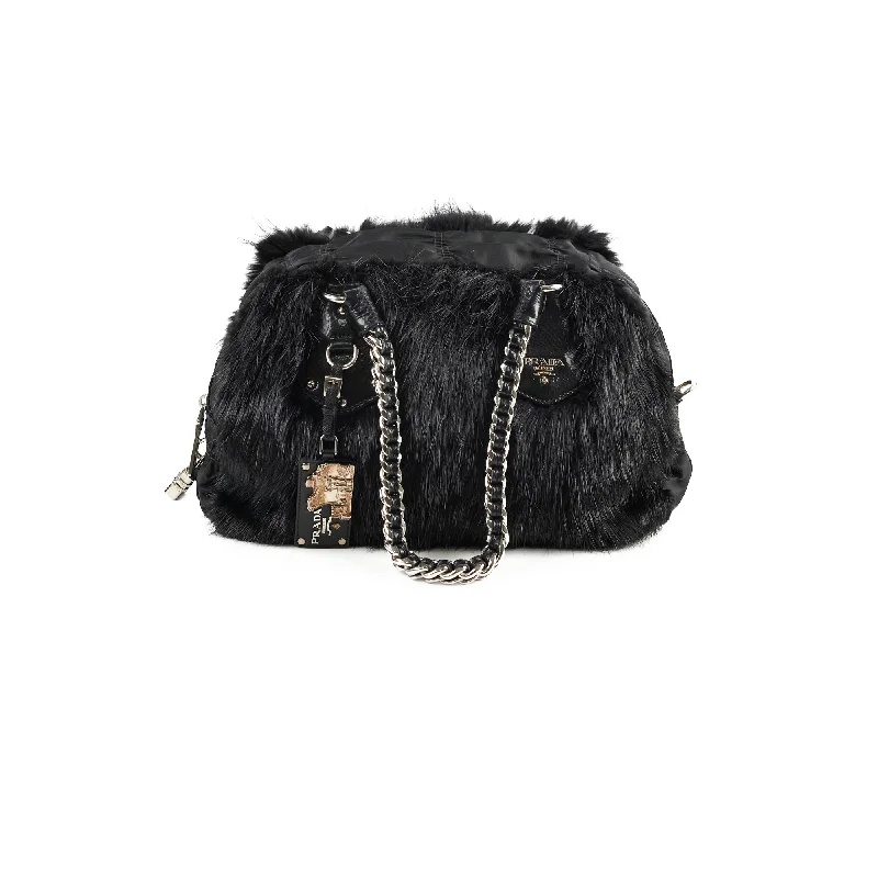 Handle bags with top handles and removable straps for versatile styling options-Prada Fur Nylon Shoulder Bag Black