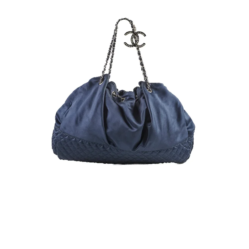 Stylish handle bags with mixed materials for a modern, textured look-Chanel Hobo Satin Chain Tote Navy