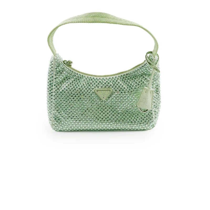 Stylish handle bags with boho-inspired designs for a relaxed, carefree vibe-Prada Mint Green Satin Mini Crystal Studded Re-Edition 2000 Shoulder Bag