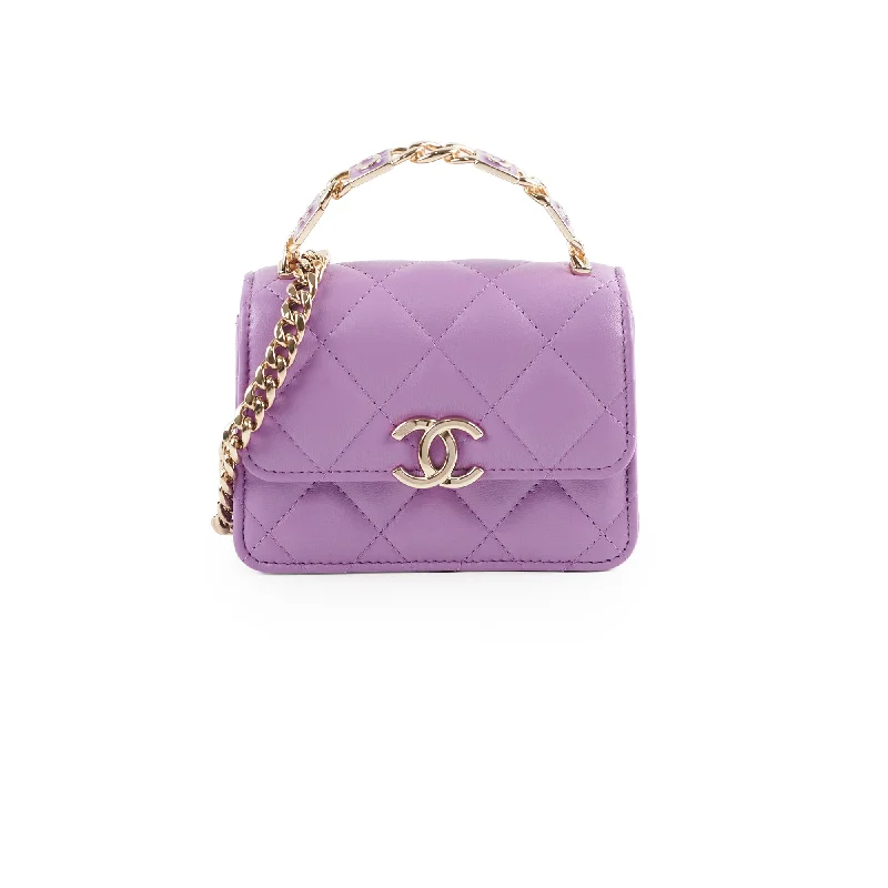 Stylish handle bags with button closures for an elegant, secure design-Chanel Detailed Top Handle Flap Mini Clutch with Chain Purple 32 Series