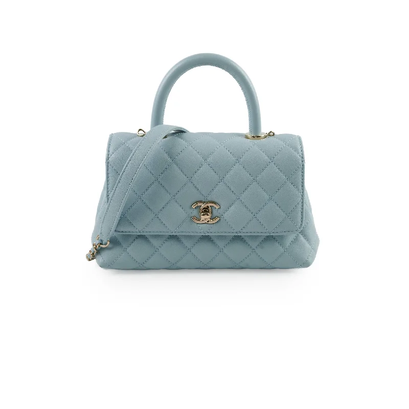 Handle bags with metallic accents for a touch of glamour and shine-Chanel Caviar Small Coco Handle Light Blue Microchip