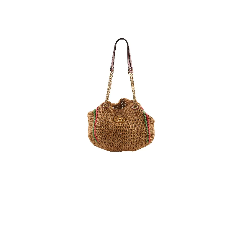 Best handle bags for travel with spacious compartments for easy packing-Gucci GG Marmont Limited Edition Raffia Chain Tote Natural Red/Green