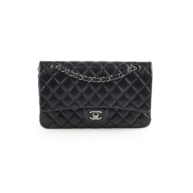 Best handle bags with designer logos for a luxury, high-end appearance-Chanel Classic Flap Medium/ Large M/L Lambskin Black Shoulder Bag - Series 23