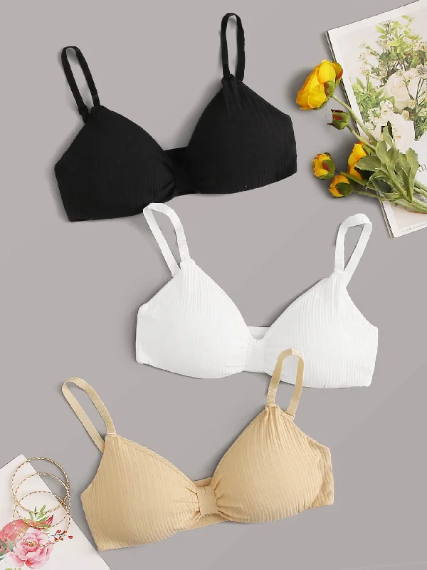 Stylish handle bags with clear PVC designs for a modern, transparent look-3pack Solid Adjustable Strap Bra