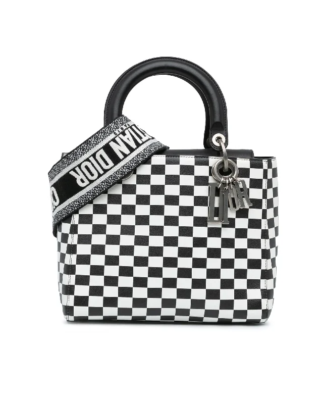 Tote bags with laptop sleeves for work -Medium Calfskin Checkered Handbag with Detachable Strap and Interior Pockets