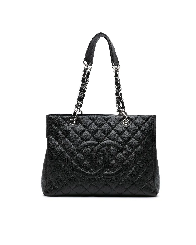 Tote bags with thick straps for durability -Quilted Leather Grand Shopping Tote with Chain Straps and Multiple Pockets