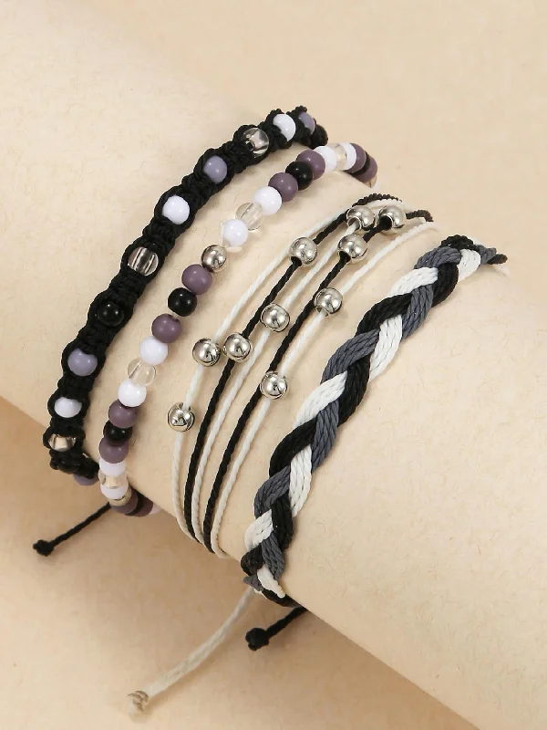 Best handle bags with velvet material for a luxurious and soft touch-4pcs Acrylic Beaded & Waxed Thread Braided Bracelet Set