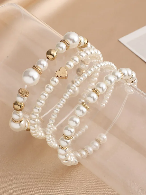 Best handle bags with pebble leather for a textured and durable finish-4pcs Heart & Faux Pearl Decor Beaded Bracelet