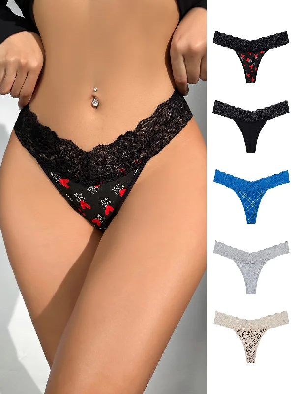 Stylish handle bags with intricate stitching for a detailed and high-quality finish-5pack Contrast Lace Panty Set