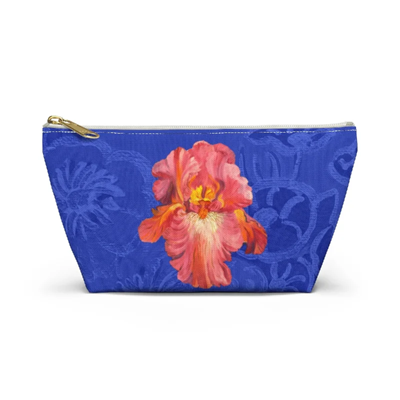 Tote bags with vibrant colors for statement -Perfect Pouch "Pink Iris on Blue"