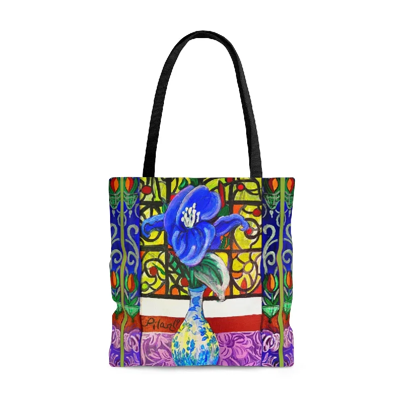 Tote bags with leather straps for elegance -Tote Bag - Blue Magnolia and Stained Glass