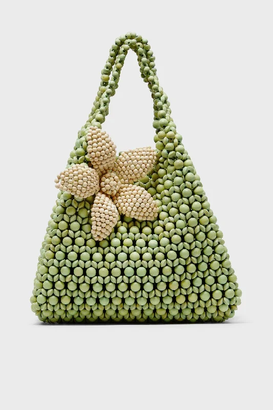 Tote bags with expandable sides for flexibility -Apple Green and Cream Flower Trapezoid Flora Bag