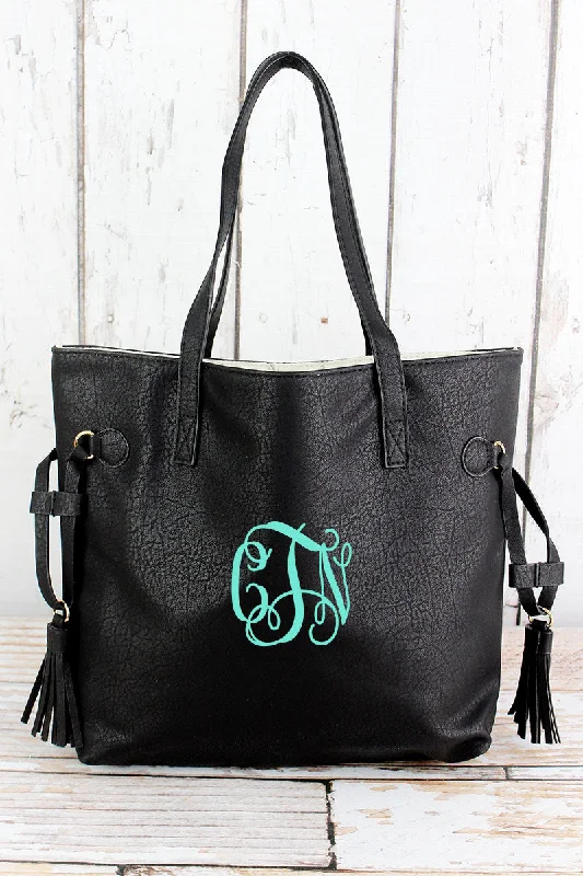 Tote bags with shoulder straps for carrying -Black Faux Leather Side Tassel Tote