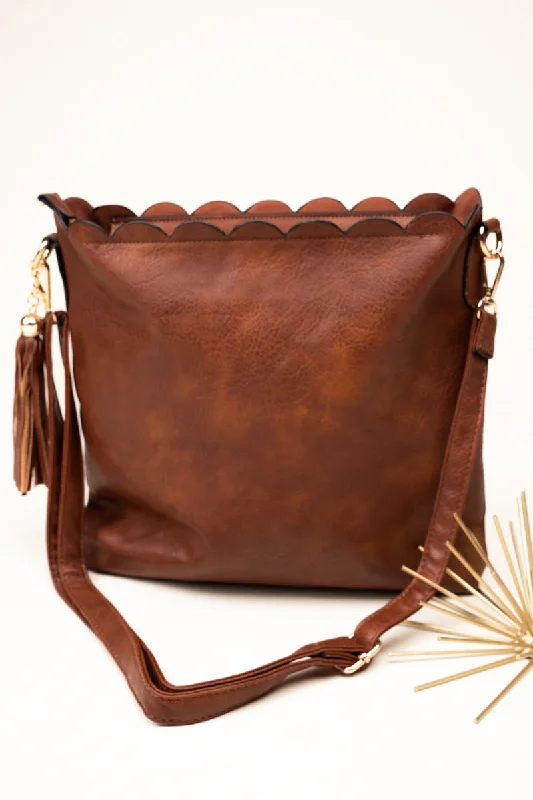 Tote bags with eco-conscious bamboo handles -Brown Faux Leather Sabina Scalloped Crossbody Tote