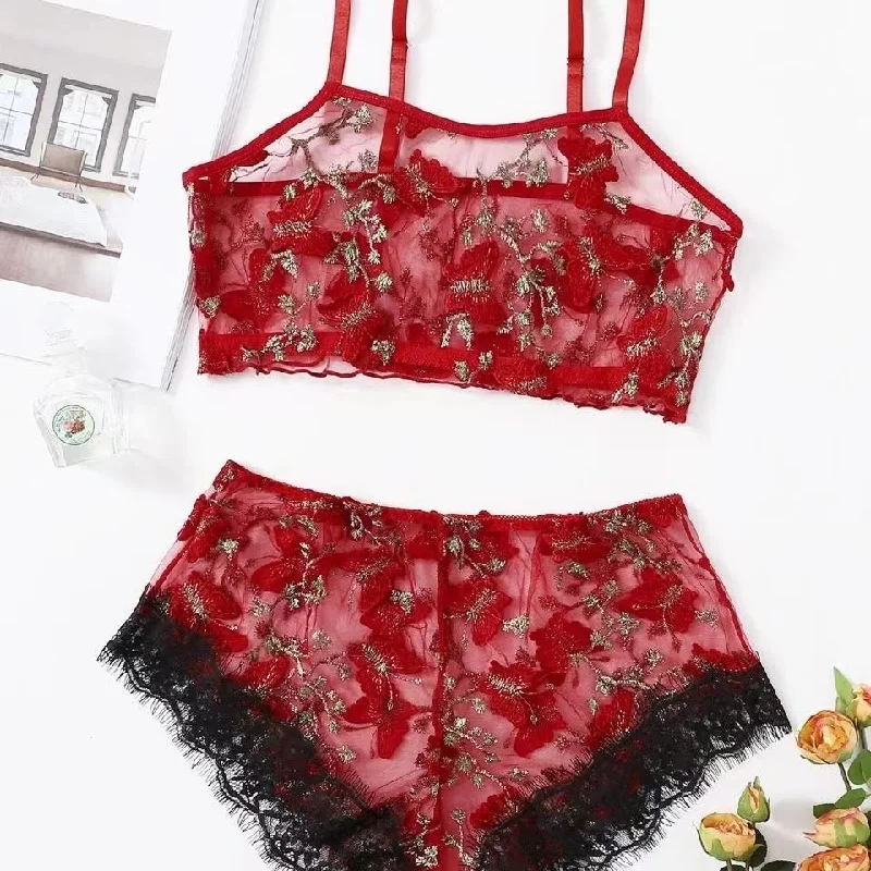 Stylish handle bags with soft, leather textures for a comfortable and luxurious feel-Butterfly Embroidery See Through Lingerie Set