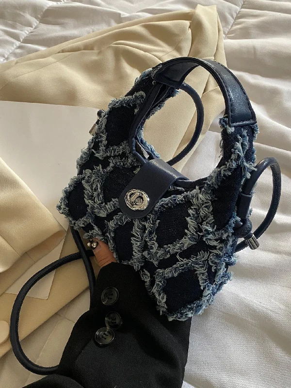 Handle bags with matching shoes for a coordinated, polished look-Casual Mini Denim Frayed Trim Twist Lock Hobo Bag