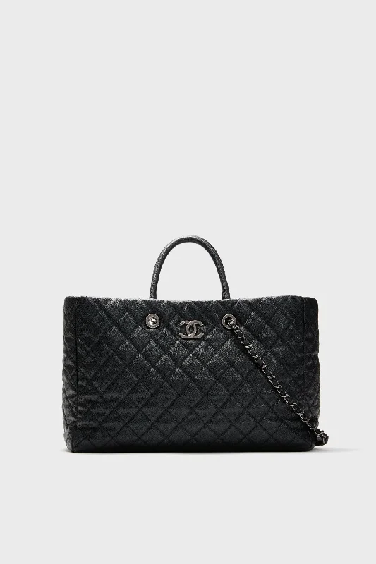 Tote bags with bold logos for branding -CHANEL Black Caviar Coco Allure Shopping Tote