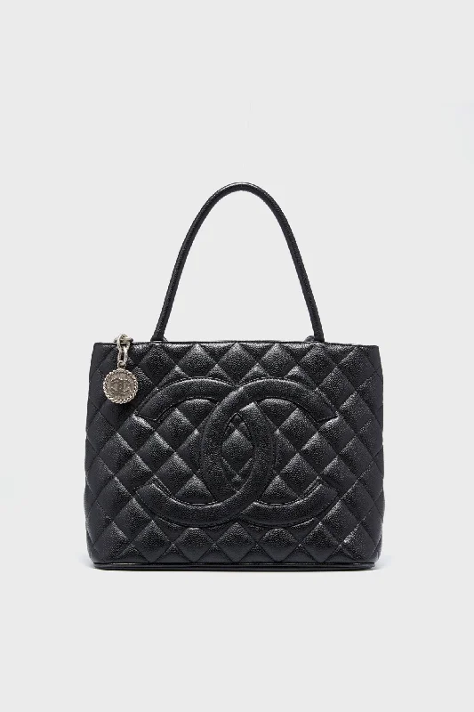 Tote bags with tropical leaves for summer -CHANEL Black Caviar Quilted Medallion Tote