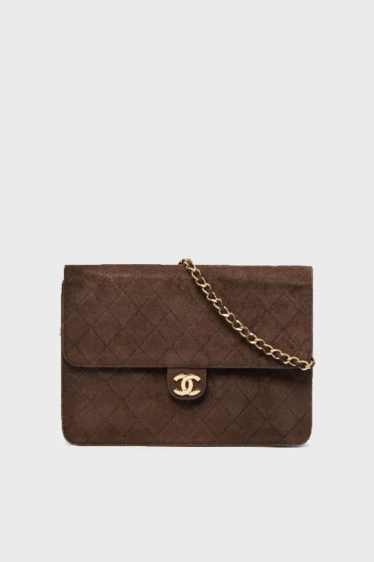 Tote bags with durable hemp for sustainability -CHANEL Brown Suede Matelasse Single Flap Bag