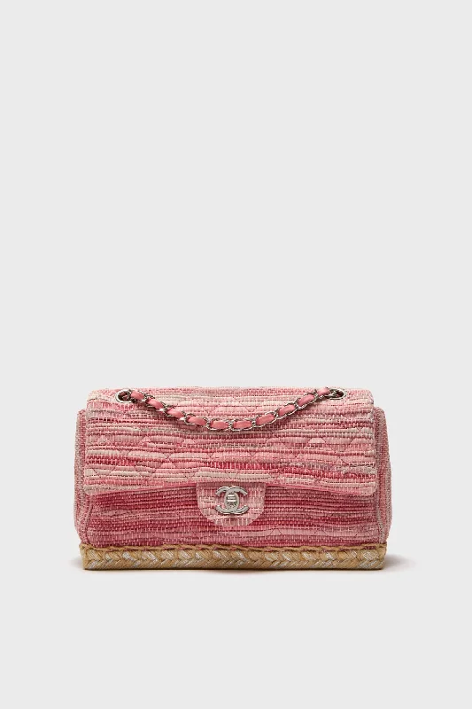 Tote bags with adjustable straps for comfort -CHANEL Pink Classic Raffia Espadrille Flap Bag