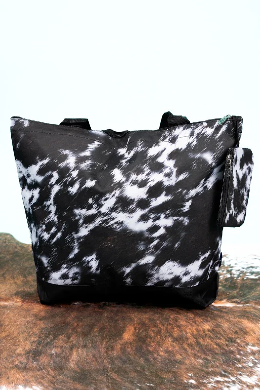 Tote bags with thick straps for durability -Cow-lifornia Dreaming with Black Trim Tote Bag