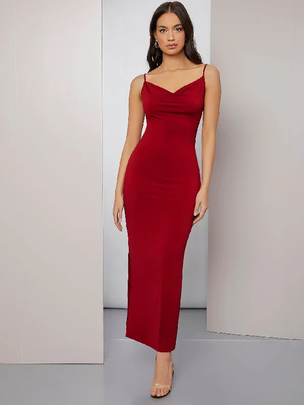 Handle bags with matching shoes for a coordinated, polished look-Cowl Neck Ruched Cami Dress Burgundy