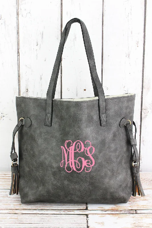 Tote bags with bright neons for visibility -Dark Gray Faux Leather Side Tassel Tote