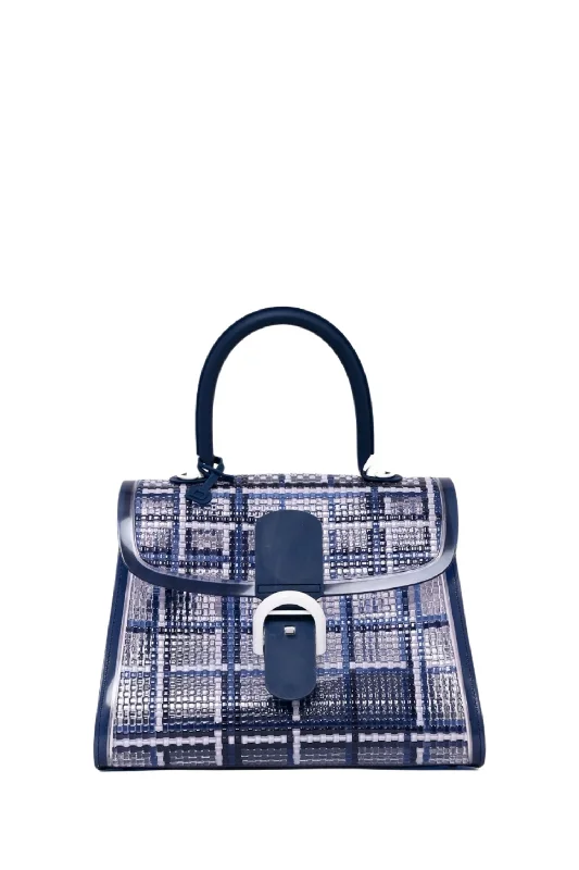 Tote bags with soft leather for luxury -Delvaux Navy Vinyl Gingham 'Dreamer Brillant' MM Top Handle with Strap