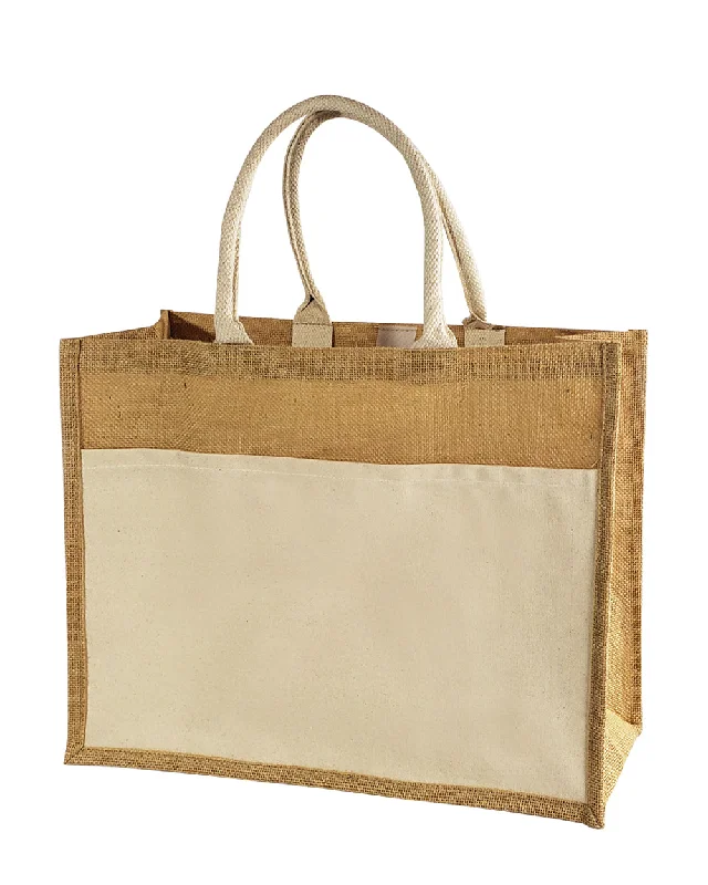 Tote bags with expandable sides for flexibility -Easy-to-Decorate Jute Tote Bags with Canvas Front Pocket - TJ314