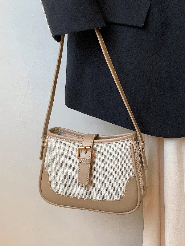 Handle bags with detachable pouches for added organization and convenience-Fashionable Linen Cloth Color Blocking Elegant Shoulder Cross-body Bag