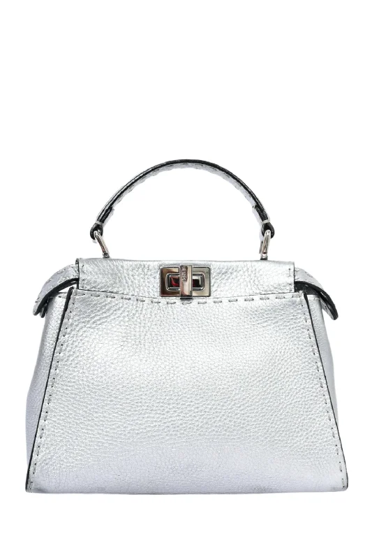 Tote bags with multi-color weaves for vibrancy -Fendi Silver Grained Leather Mini Selleria Peekaboo Top Handle with Strap