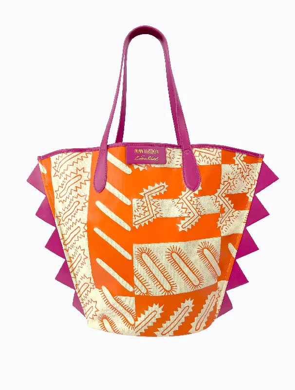 Tote bags with tropical leaves for summer -Geo Sparkle Tote - Orange / Magenta