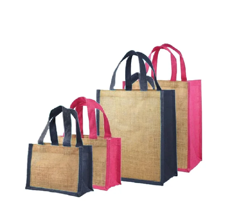 Tote bags with bold checks for trend -Gusseted Jute Tote Bags with Colored Trim and Handles (2 Available Sizes)