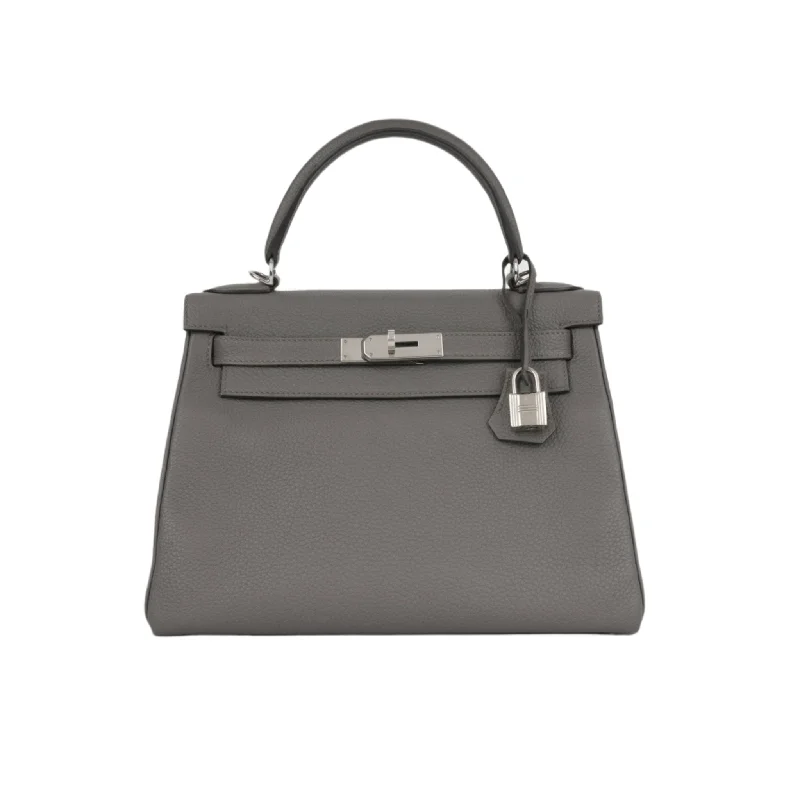 Tote bags with laptop sleeves for work -Hermès Kelly 28 - Gris Etain