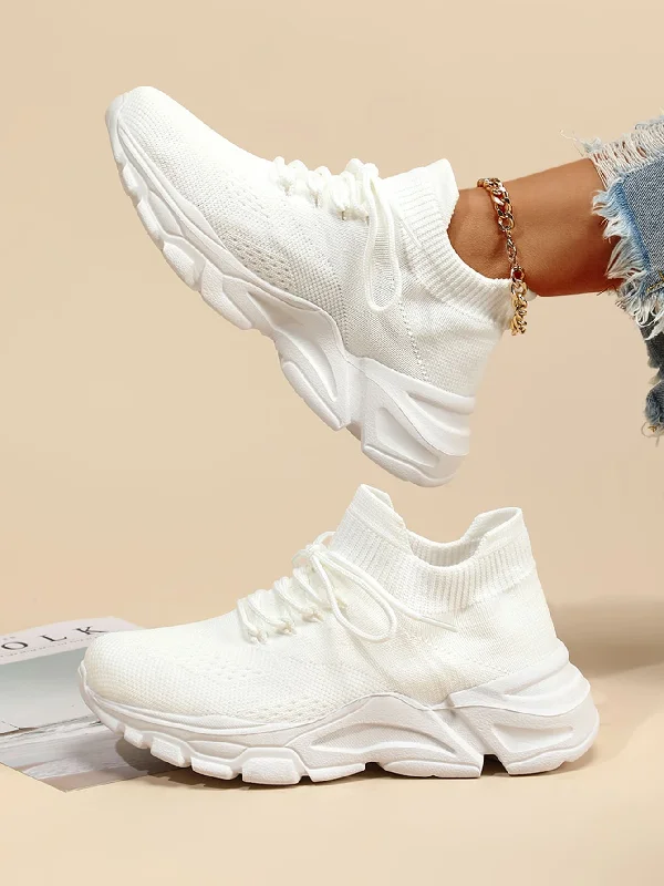 Handle bags with round handles for a modern and stylish design-Lace-up Front High Top Chunky Sneakers, White Color Running Shoes With Solid Color Shoelaces For Women